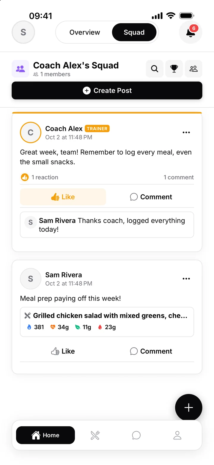 Squad feed with a coach post and a shared meal